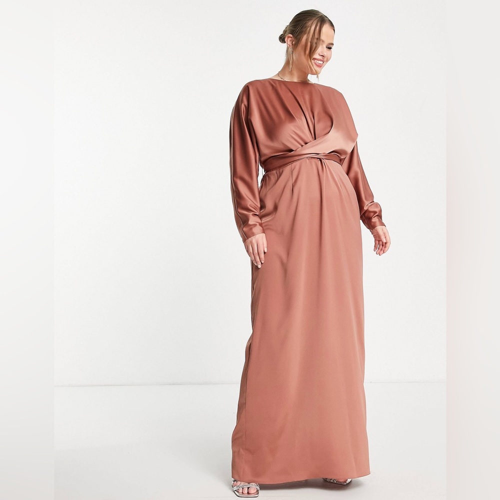 ASOS DESIGN Curve satin maxi dress with batwing sleeve and wrap waist in mink